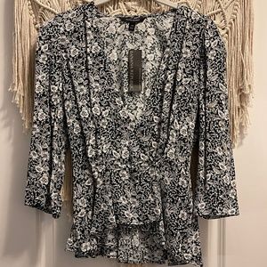 3/$25! Black & White Floral Wrap Blouse
